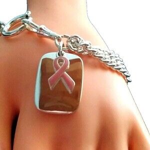 Breast Cancer Silver Tone 8" Chain Bracelet Symbol Memory Honor Survivor Fashion